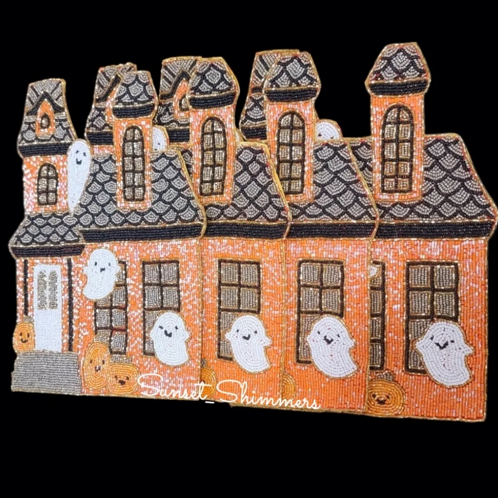 x4 Haunted House Halloween Ghost Pumpkin Shimmer Beaded Placemats CHARGERS Set